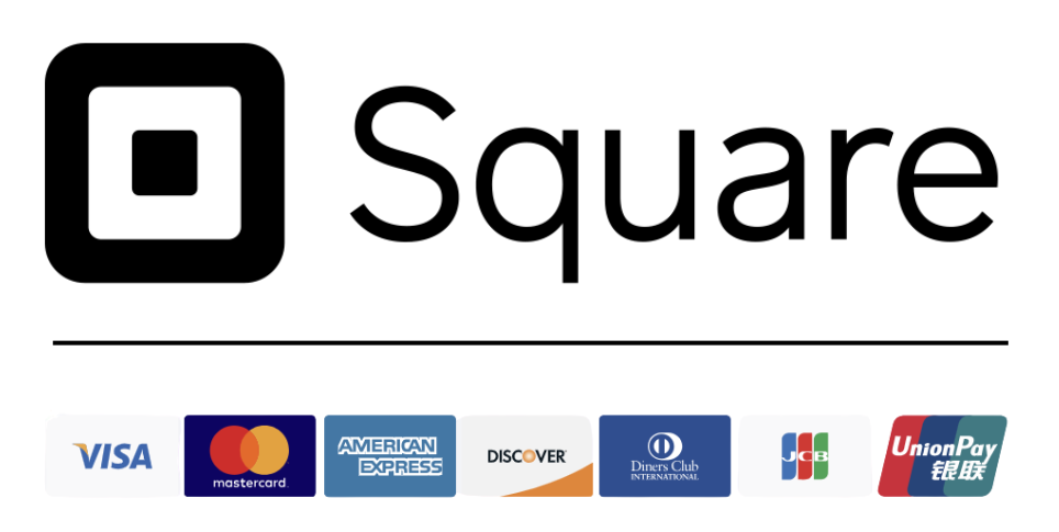 Square logo above a row of accepted payment method logos including Visa, Mastercard, American Express, Discover, Diners Club, JCB, and UnionPay.
